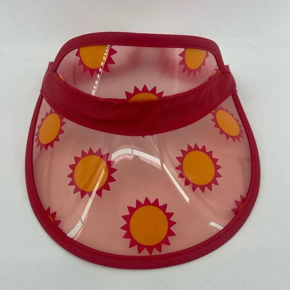 Kids Clear Sun Visor Hat Ages 5–12 – Red Yellow PVC Faux Leather with Sun Print